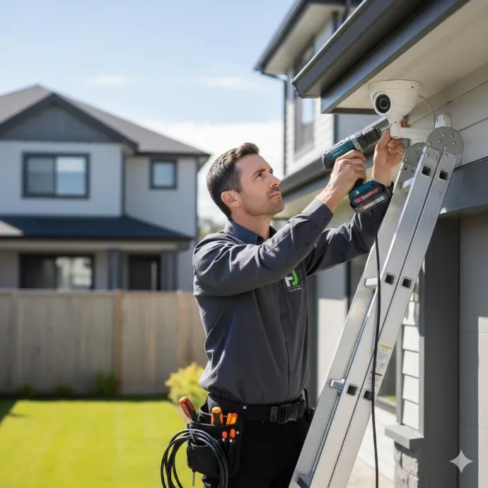 Technician installing a CCTV camera under the eave of a brick home in Logan